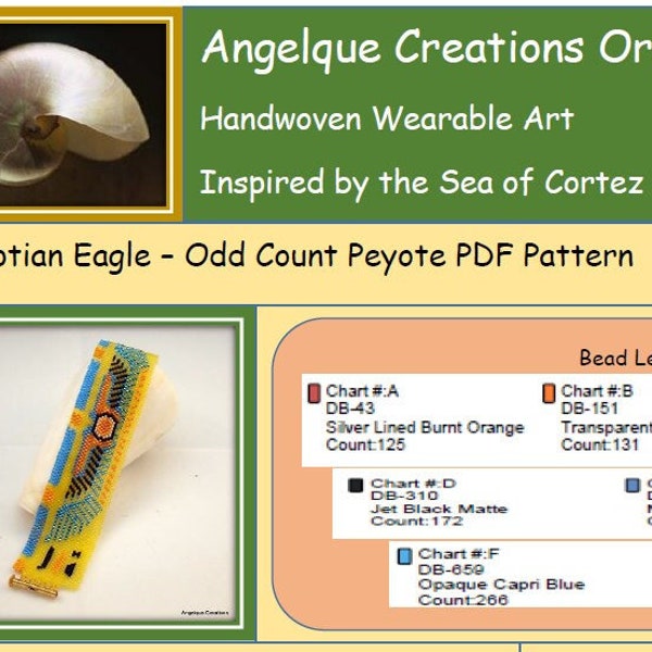 Egyptian Eagle DIY Bracelet ODD Count Peyote PDF pattern, blue, orange, yellow, black, Eye of Ra, bead weaving, Free Basic Peyote Tutorial