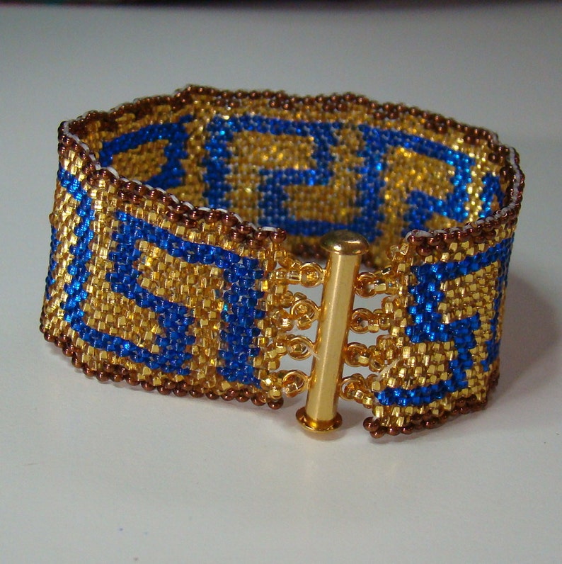 Greek Key or River of Life Even Count Peyote PDF Pattern, blue, gold, bronze, Free Basic Peyote Weave Tutorial included image 3