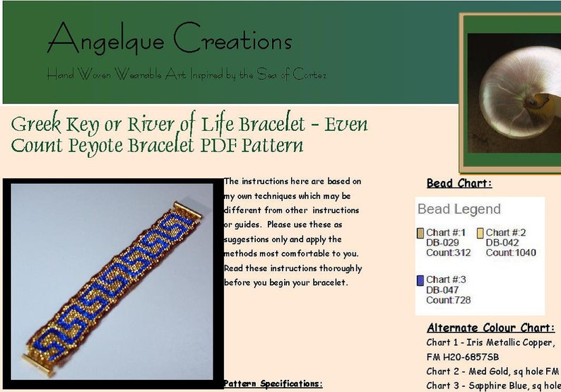 Greek Key or River of Life Even Count Peyote PDF Pattern, blue, gold, bronze, Free Basic Peyote Weave Tutorial included image 1