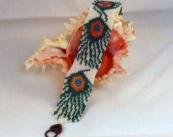 Peacock Feathers peyote stitch bracelet, bead woven, beaded, Miyuki seed beads, green, blue, white, orange, turqouise