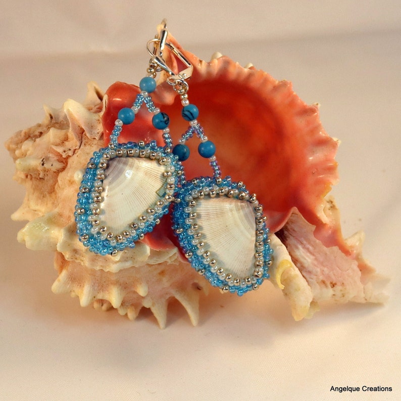 Earrings White Angelwing shells with Turquoise semi precious gem stone image 1