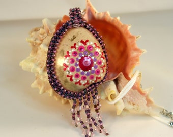 Pendant, Tan Cockle Clam Shell with Pink , Purple beaded pendant bead woven, painted Dot Mandala
