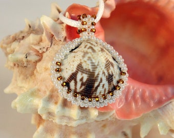 Pendant, Bronze white Clam Shell beaded pendant bead woven