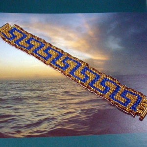 Greek Key or River of Life Even Count Peyote PDF Pattern, blue, gold, bronze, Free Basic Peyote Weave Tutorial included image 2