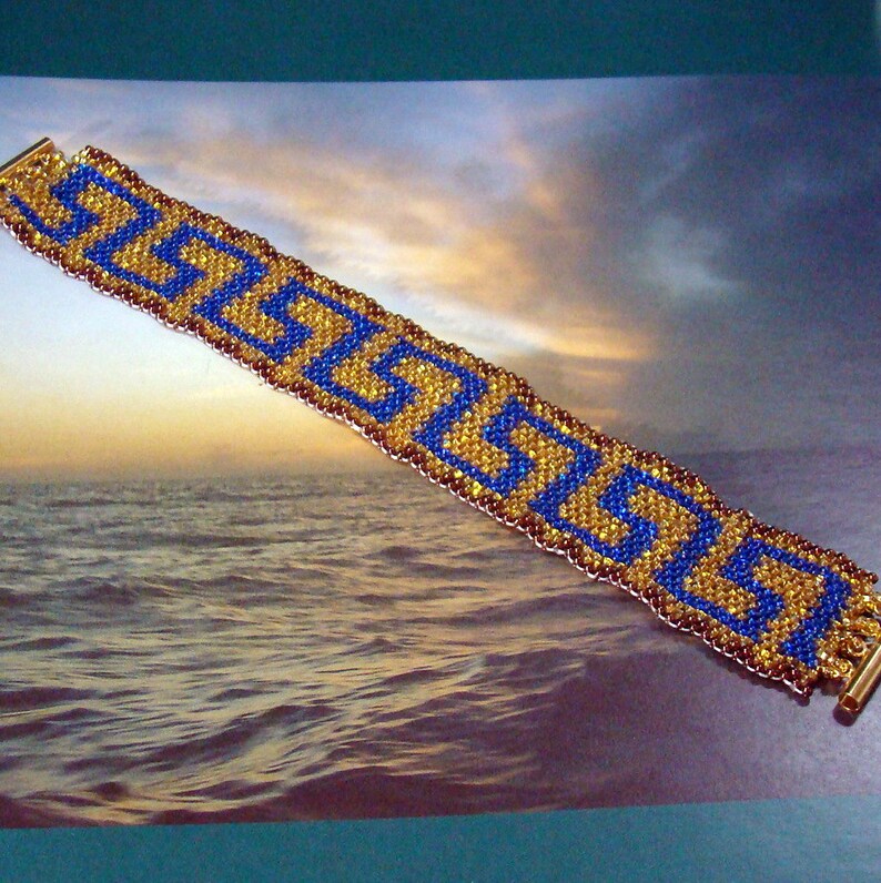 Greek Key or River of Life Even Count Peyote PDF Pattern, blue, gold, bronze, Free Basic Peyote Weave Tutorial included image 2