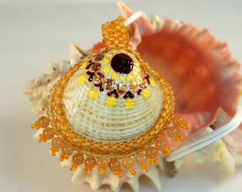 Pendant, White Cockle Clam Shell with Red Aventurine semi precious gem stones and seed bead pendant