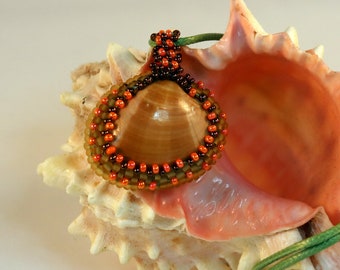 Pendant, Bronze Orange Cockle Clam Shell beaded pendant bead woven