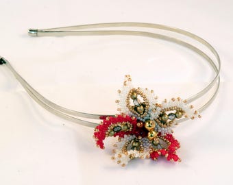 Poinsettia Flowers Bead Woven hair band, silver double hoop,  reds, whites, gold, beading, head band