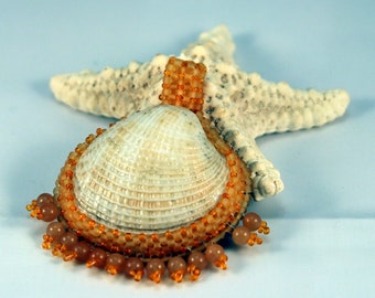 Pendant, White Cockle Clam Shell with Red Aventurine semi precious gem stones and seed bead pendant
