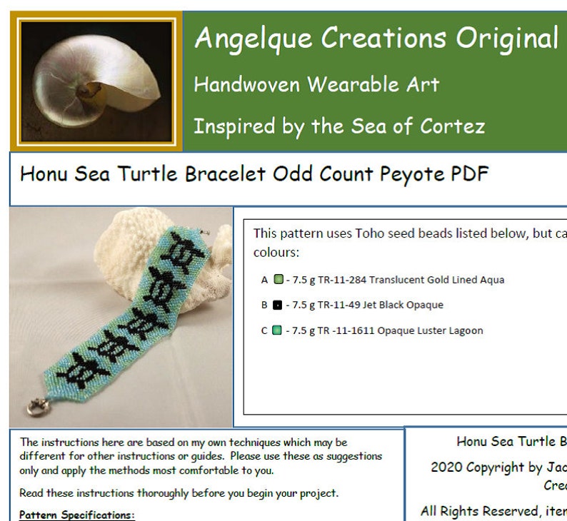 Instant Down Load Honu Sea Turtle Bracelet Odd Count Peyote PDF pattern with FREE Basic Peyote Tutorial included image 1