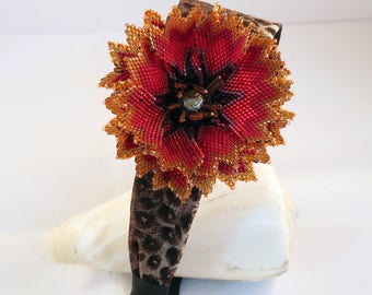 Chrysanthemum Flower Bead Woven Head Band, bead weaving, bead embroidery, oranges, reds, yellows, gold