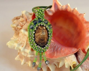 Pendant, Bronze Green Limpet Shell beaded pendant bead woven