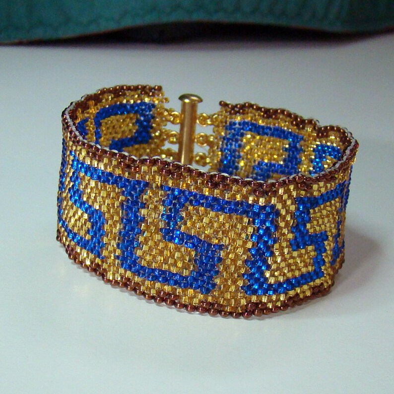 Greek Key or River of Life Even Count Peyote PDF Pattern, blue, gold, bronze, Free Basic Peyote Weave Tutorial included image 4