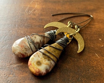 Petrified Wood Earrings - Brass Crescent Moon Dangle Earrings - Natural Petrified Wood from Madagascar (Ready to Ship)