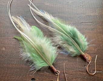 Pastel Feather Earrings - Colorful Green Light Peach and Blue - Long Rooster Feather Earrings - Spring Feather Earrings (Ready to Ship)