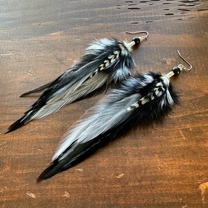 Long Feather Earrings Black Feather Earrings Black and White Feather Earrings Long Rooster Feather Earrings Goth Witchy Earrings image 3
