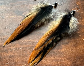 Long Feather Earrings - Black and Brown Feather Earrings - Natural Feather Earrings - Black Feather Earrings - Brown Feather Earrings