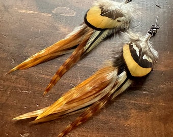 Real Feather Earrings - Golden Brown Rooster & Pheasant Feather Earrings - Boho Feather Earrings - Natural Undyed Feathers (Ready to Ship)