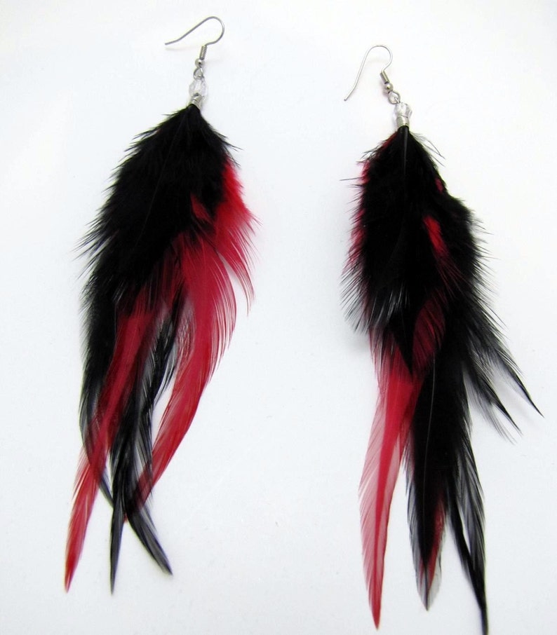 Feather Earrings Black and Red Feather Earrings Colorful Etsy