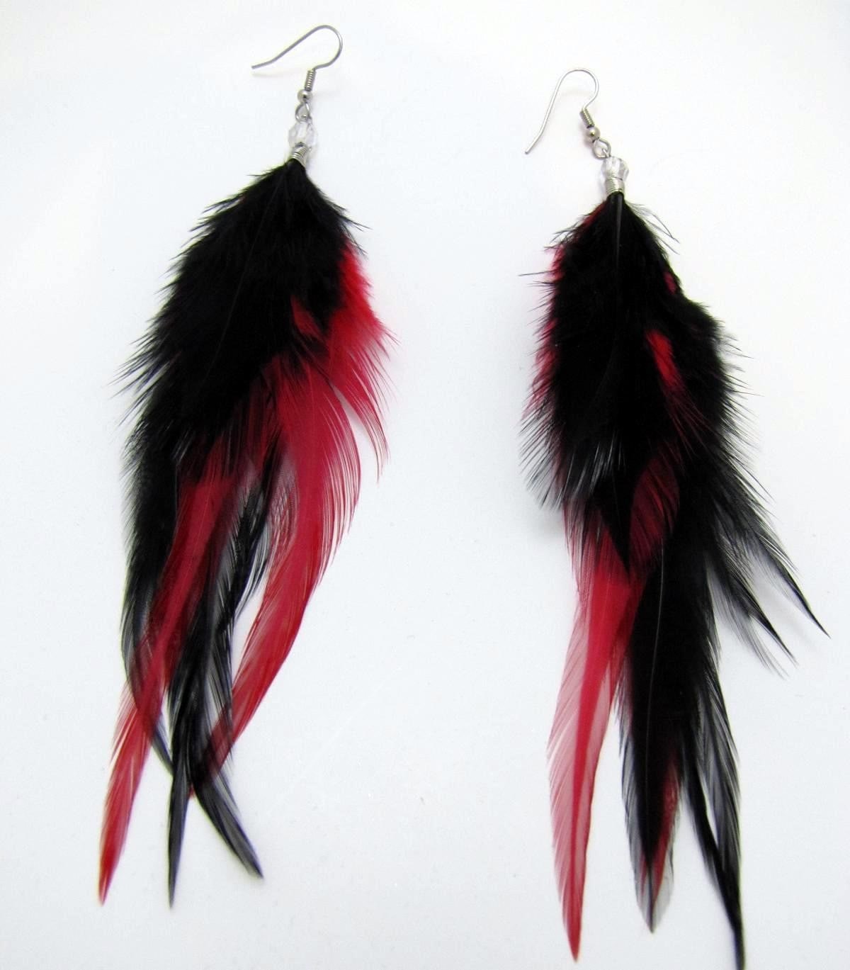 Feather Earrings Black and Red Feather Earrings Etsy