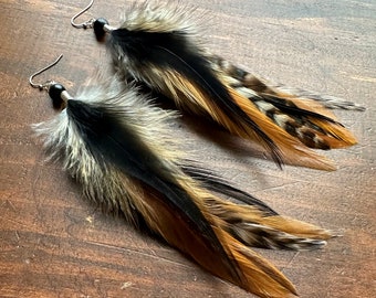 Long Feather Earrings - Black and Brown Feather Earrings - Natural Feather Earrings - Black Feather Earrings - Brown Feather Earrings