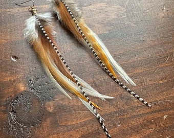 Real Feather Earrings - Long Striped Rooster Feather Earrings - White Brown & Black Rooster Feather Earrings - Boho Western (Ready to Ship)