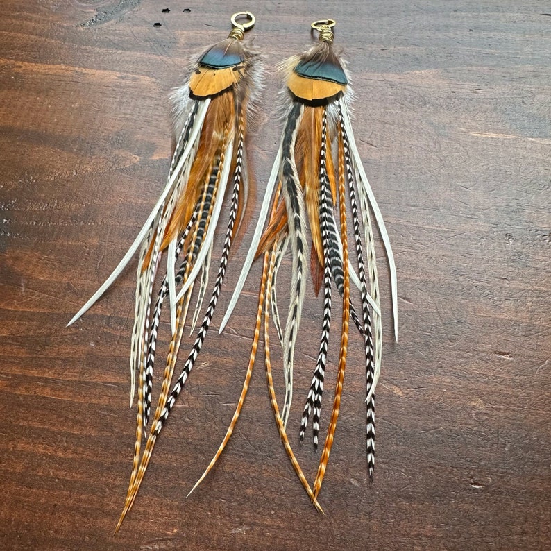 Big Feather Earrings Brown Black Green & Cream White Feather Earrings Real Undyed Rooster and Pheasant Feather Earrings Ready to Ship image 3