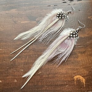 Long Feather Earrings Lilac and Cream White Rooster and Peacock Feather Earrings Rooster Peacock and Guinea Hen Earrings Ready to Ship image 3