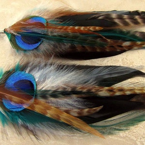 Peacock Feather Earrings - Big Full Rooster and Peacock Feather Earrings - Black Brown and Green Feather Earrings - Hippie Boho Style