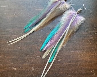 Spring Feather Earrings - Lilac Peach and Turquoise - Long Rooster Feather Earrings - Summer Festival Feather Earrings (Ready to Ship)