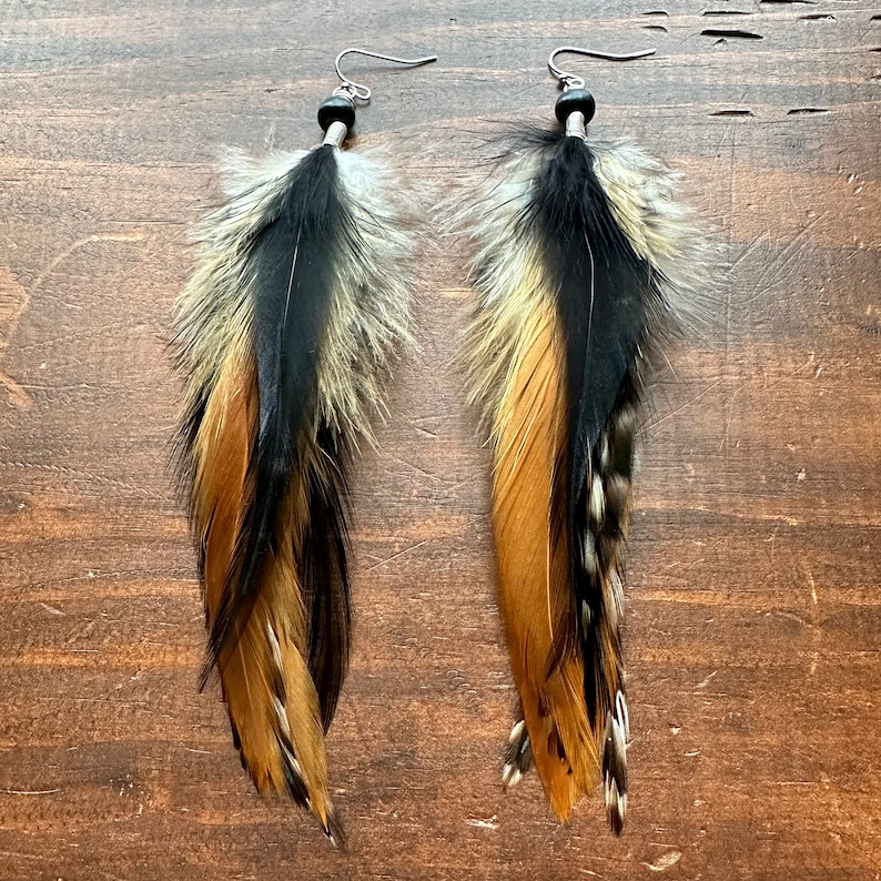 Long Feather Earrings Black and Brown Feather Earrings Natural Feather Earrings Black Feather Earrings Brown Feather Earrings image 2