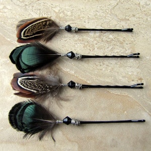Feather Bobby Pins - Set of 4 Pheasant Feather Hair Pins - Feather Hair Jewelry - Undyed Brown Black and Green - Real Feathers