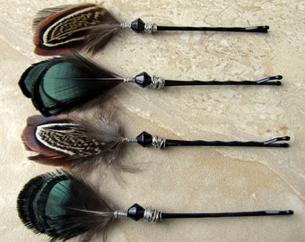 Feather Bobby Pins - Set of 4 Pheasant Feather Hair Pins - Feather Hair Jewelry - Undyed Brown Black and Green - Real Feathers