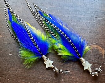 Colorful Feather Earrings - Star Earrings - Bright Blue Green and Yellow Feather Earrings - Long Rooster Feather Earrings (Ready to Ship)
