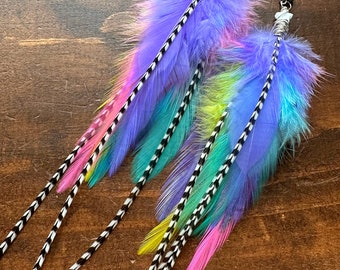 Summer Feather Earrings - Bright Colorful Neon Rooster Feather Earrings - Purple Pink Yellow & Blue - Star Feather Earrings (Ready to Ship)