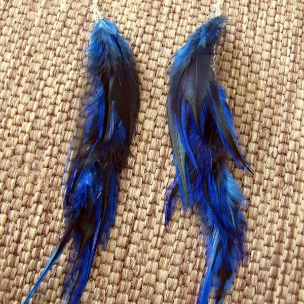 Feather Earrings - Long Navy Blue Feather Earrings - Extra Long Feather Earrings - Long Blue Boho Feather Earrings - Hippie Earrings