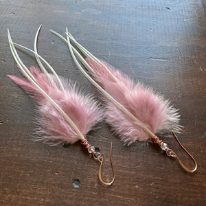 Pink Feather Earrings Long Light Pink and Cream White Feather Earrings Real Rooster Feather Earrings Copper Earrings Ready to Ship image 3