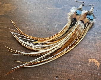 Extra Long Feather Earrings - Brown Black Green and Cream White Feather Earrings - Rooster and Pheasant Feather Earrings (Ready to Ship)