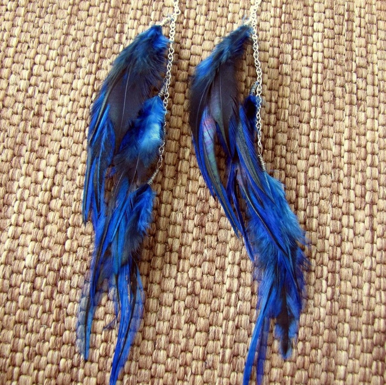 Feather Earrings Long Navy Blue Feather Earrings Extra Long Feather Earrings Long Blue Boho Feather Earrings Hippie Earrings Bild 2
