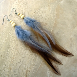 Real Feather Earrings - Gray and Brown Rooster Feather Earrings - Beaded Feather Earrings - Real Boho Western Feather Earrings