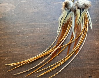 Long Feather Earrings - Long Brown Striped Feather Earrings - Long Skinny Boho Rooster Feather Earrings - Western Hippie (Ready to Ship)