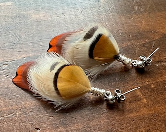 Small Feather Earrings - Tiny Dainty Delicate Pheasant and Partridge Feather Earrings - Real Undyed Feathers (Ready to Ship)