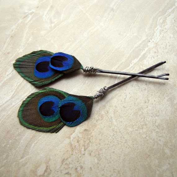 Feather Bobby Pins Set Of 2 Peacock Feather Hair Pins Etsy