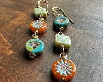 Colorful Retro Earrings - Czech Glass Bee and Flower Earrings - Green and Orange Dangle Earrings - Vintage Inspired Colors (Ready to Ship)