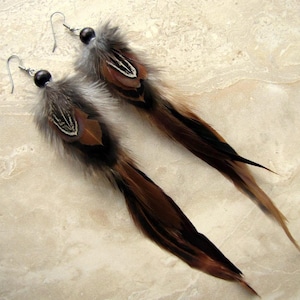 Real Feather Earrings - Long Brown and Black Feather Earrings - Boho Hippie Western Feather Earrings - Real Rooster Feather Earrings