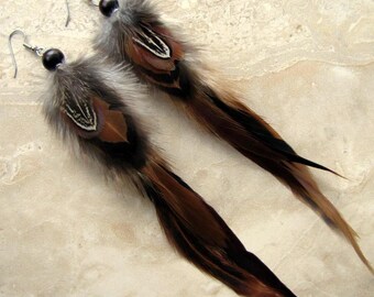 Real Feather Earrings - Long Brown and Black Feather Earrings - Boho Hippie Western Feather Earrings - Real Rooster Feather Earrings