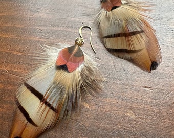 Pheasant Feather Earrings - Rustic Brown Cream and Black Feather Earrings - Real Undyed Feather Earrings - Western Earrings (Ready to Ship)