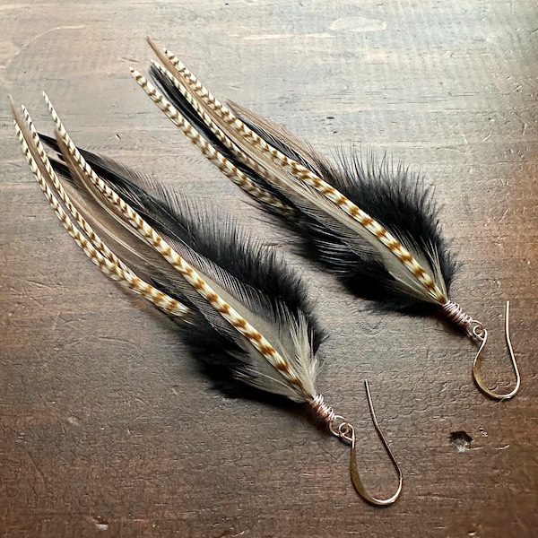 Real Feather Earrings - Black Taupe Brown and White Rooster Feather Earrings - Long Boho Hippie Feather Earrings