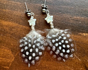 Guinea Hen Earrings - Star Earrings - Black & White Polka Dot Earrings - Feather Earrings w/ Mother of Pearl Star Beads (Ready to Ship)