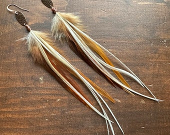 Long Feather Earrings - Brown and Cream White Rooster Feather Earrings - Real Rooster and Pheasant Feather Earrings (Ready to Ship)